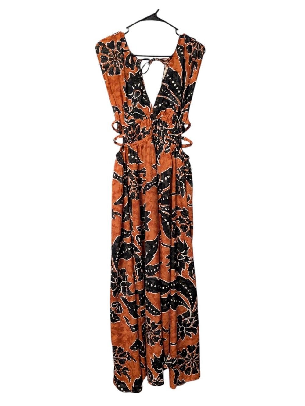 Indulge Rust and Black Floral Deep V Maxi Dress Side Cut Out Sz.XL - Picture 6 of 14